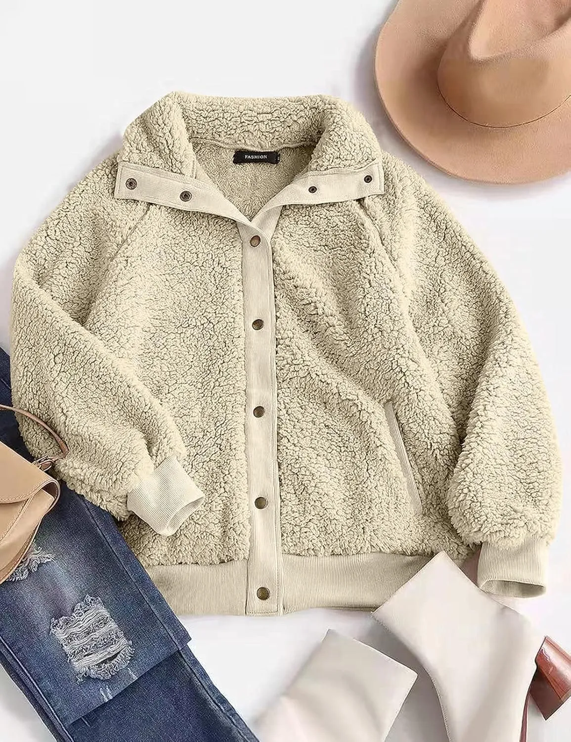 MEROKEETY Women's 2024 Winter Long Sleeve Button Sherpa Jacket Coat Pockets Warm Fleece