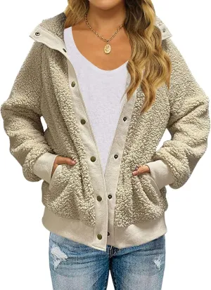 MEROKEETY Women's 2024 Winter Long Sleeve Button Sherpa Jacket Coat Pockets Warm Fleece