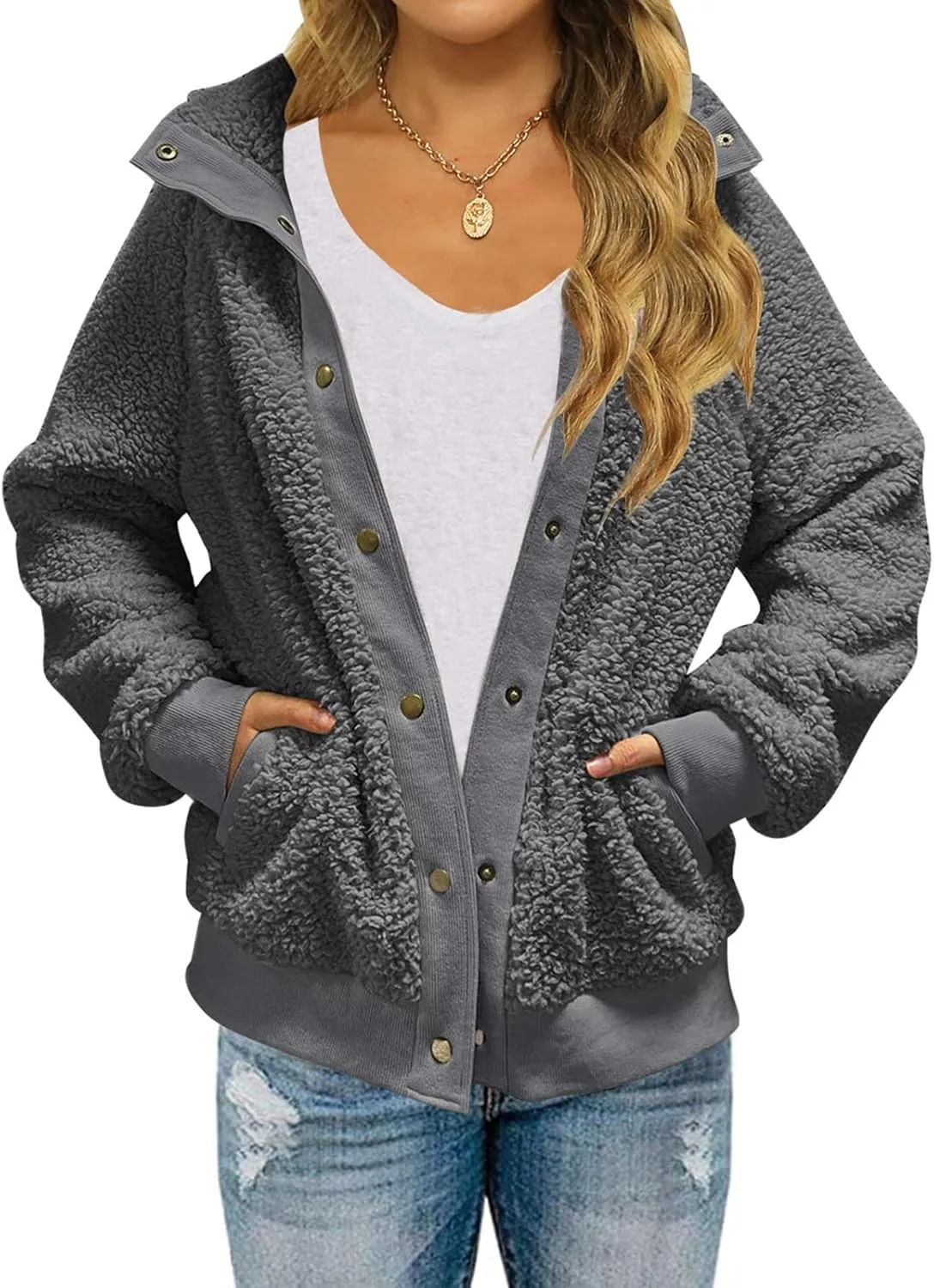 MEROKEETY Women's 2024 Winter Long Sleeve Button Sherpa Jacket Coat Pockets Warm Fleece