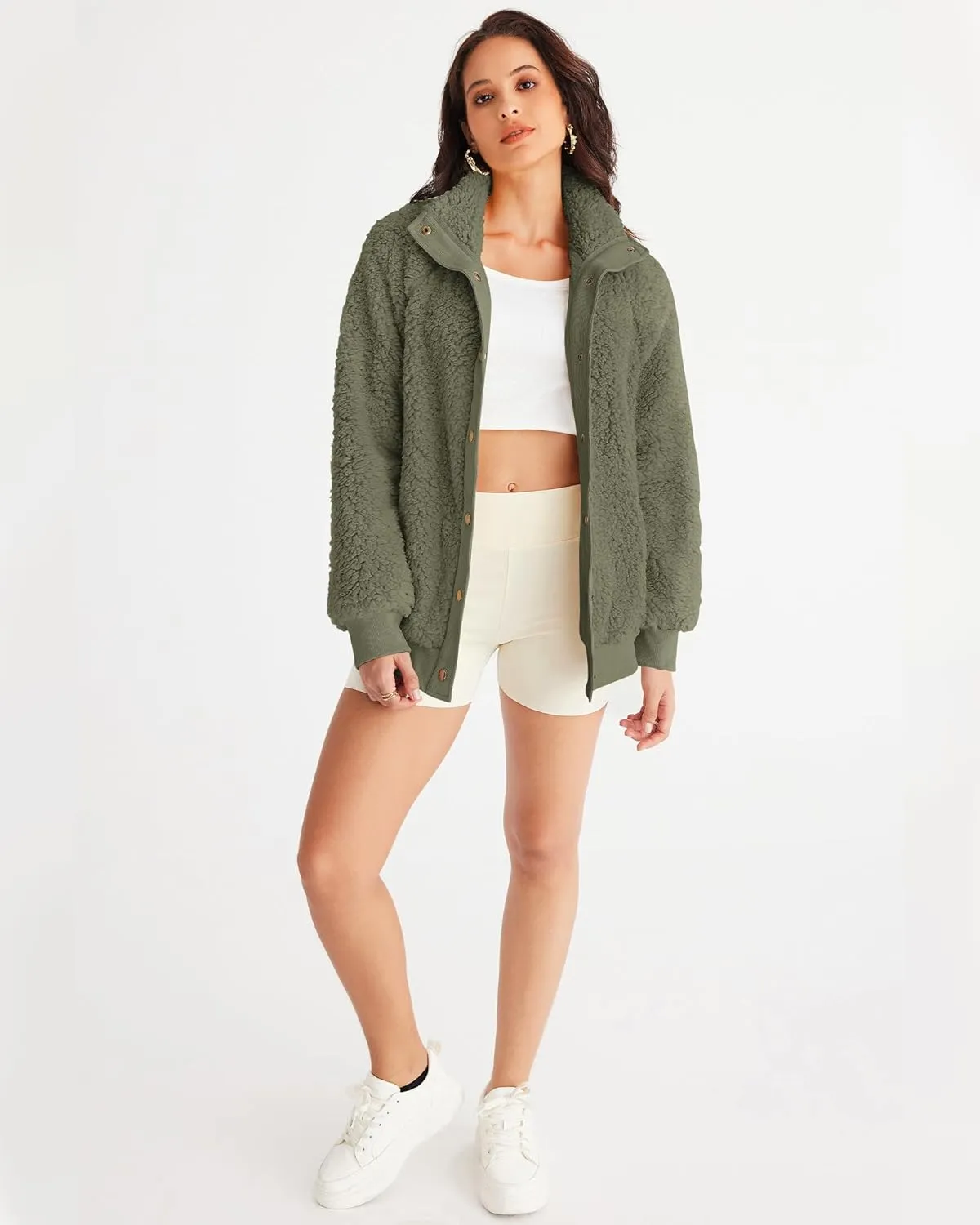 MEROKEETY Women's 2024 Winter Long Sleeve Button Sherpa Jacket Coat Pockets Warm Fleece