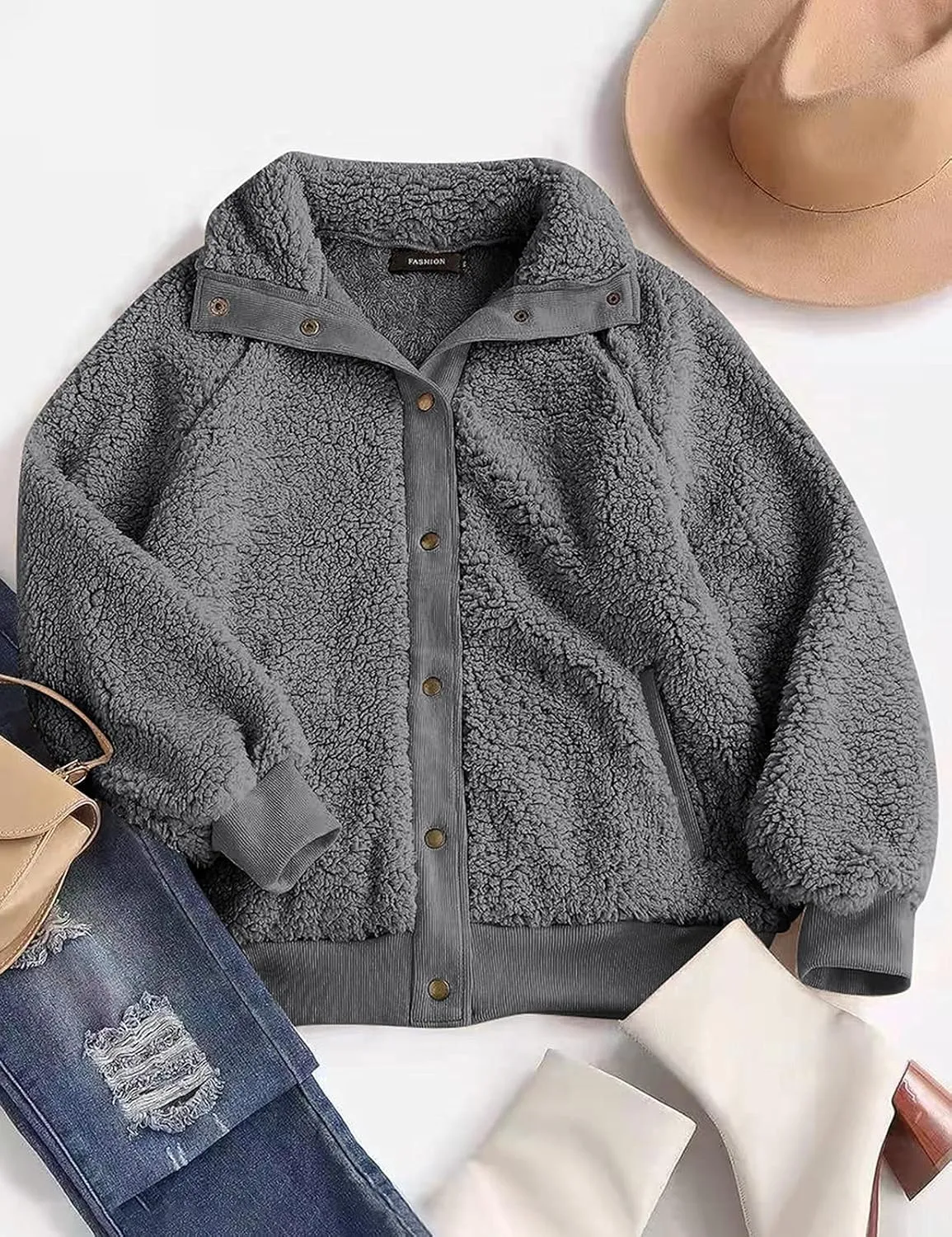 MEROKEETY Women's 2024 Winter Long Sleeve Button Sherpa Jacket Coat Pockets Warm Fleece