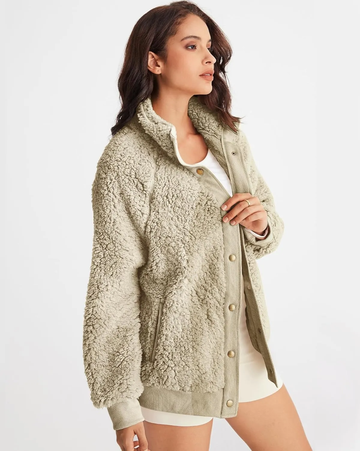 MEROKEETY Women's 2024 Winter Long Sleeve Button Sherpa Jacket Coat Pockets Warm Fleece