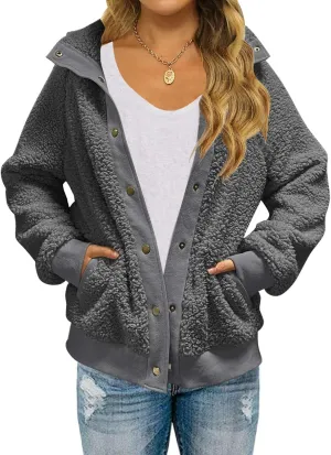 MEROKEETY Women's 2024 Winter Long Sleeve Button Sherpa Jacket Coat Pockets Warm Fleece