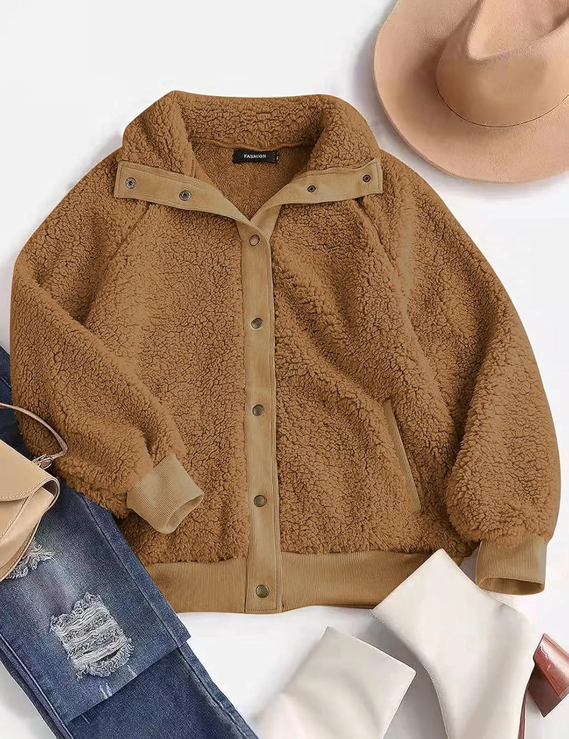 MEROKEETY Women's 2024 Winter Long Sleeve Button Sherpa Jacket Coat Pockets Warm Fleece