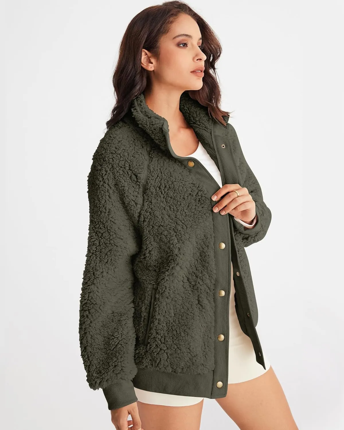 MEROKEETY Women's 2024 Winter Long Sleeve Button Sherpa Jacket Coat Pockets Warm Fleece