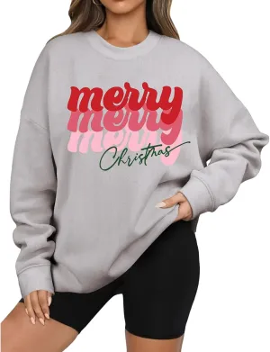 Merry Christmas Sweatshirts for Women Glitter Patch Merry Letter Shirts Crewneck Xmas Gifts Oversized Pullover Top