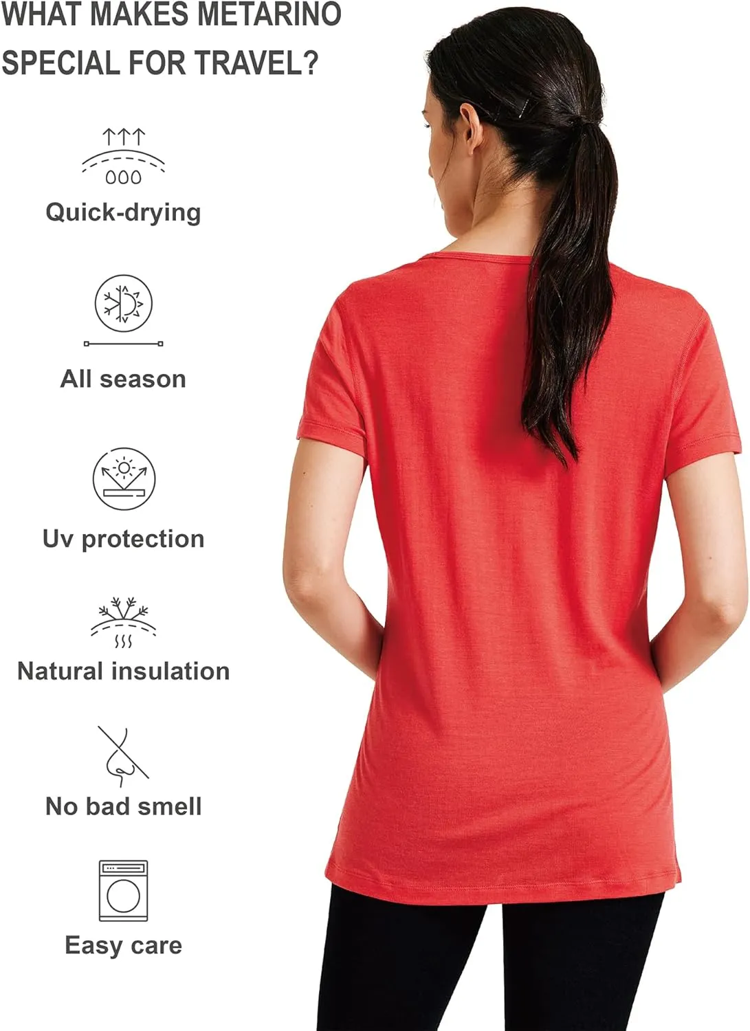 METARINO Merino Wool T-Shirt Women Short Sleeve Lightweight Crew Neck Base Layer Tee Shirt for Hiking,Sport