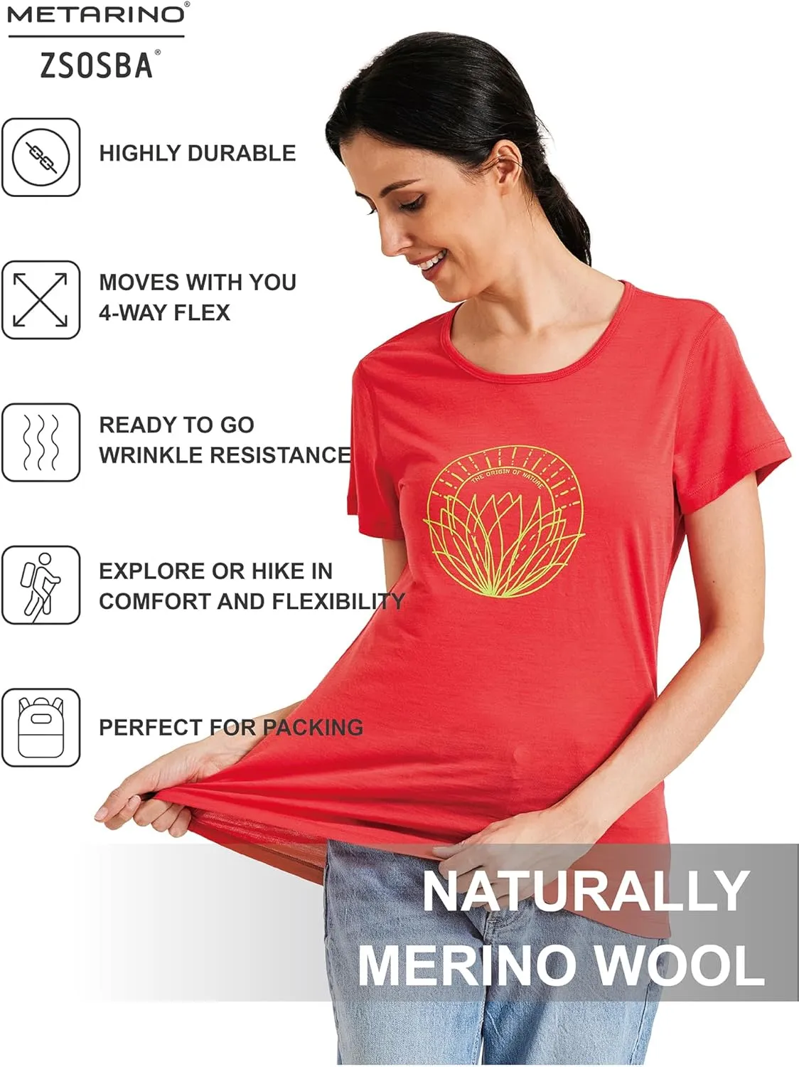 METARINO Merino Wool T-Shirt Women Short Sleeve Lightweight Crew Neck Base Layer Tee Shirt for Hiking,Sport