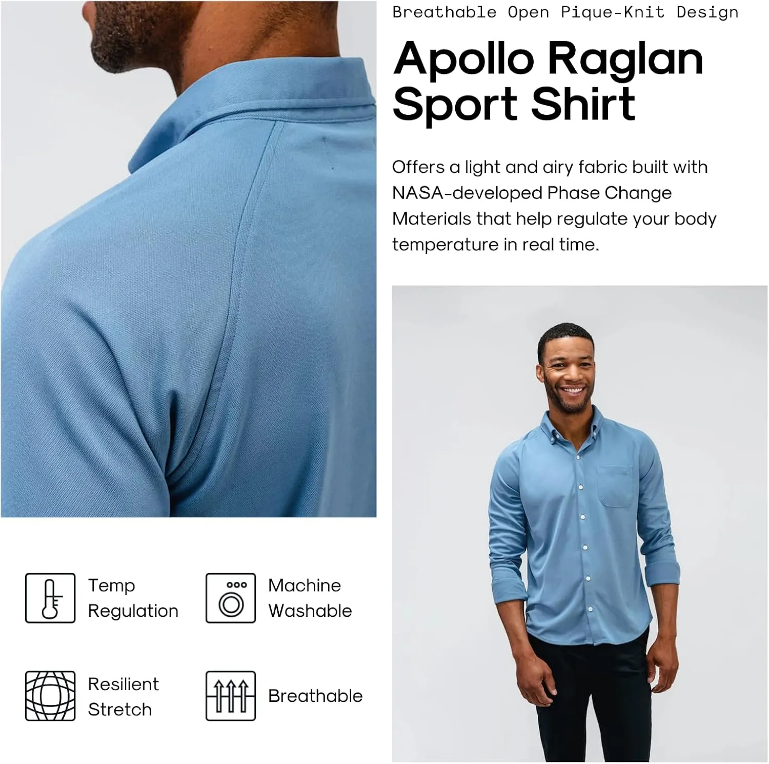 Ministry of Supply Men's Apollo Raglan Sport Dress Shirt, Casual Long Sleeve Button Down, Moisture Wicking, Wrinkle-Resistant