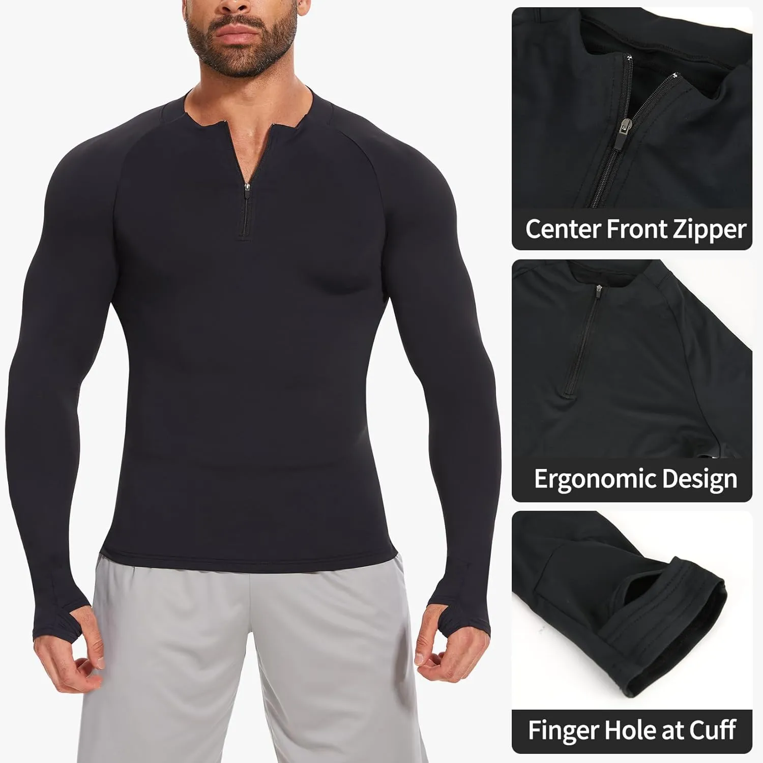 MISS MOLY Mens Long Sleeve Compression Shirt Workout Gym T-Shirt 1/4 Zip Up Dry Top Athletic Base Layer Sport Undershirt