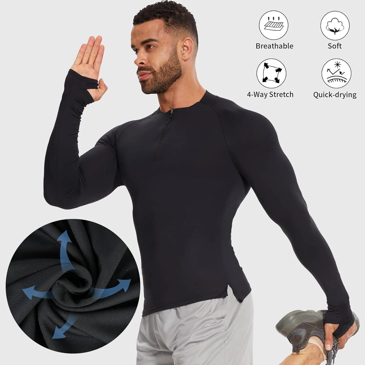 MISS MOLY Mens Long Sleeve Compression Shirt Workout Gym T-Shirt 1/4 Zip Up Dry Top Athletic Base Layer Sport Undershirt