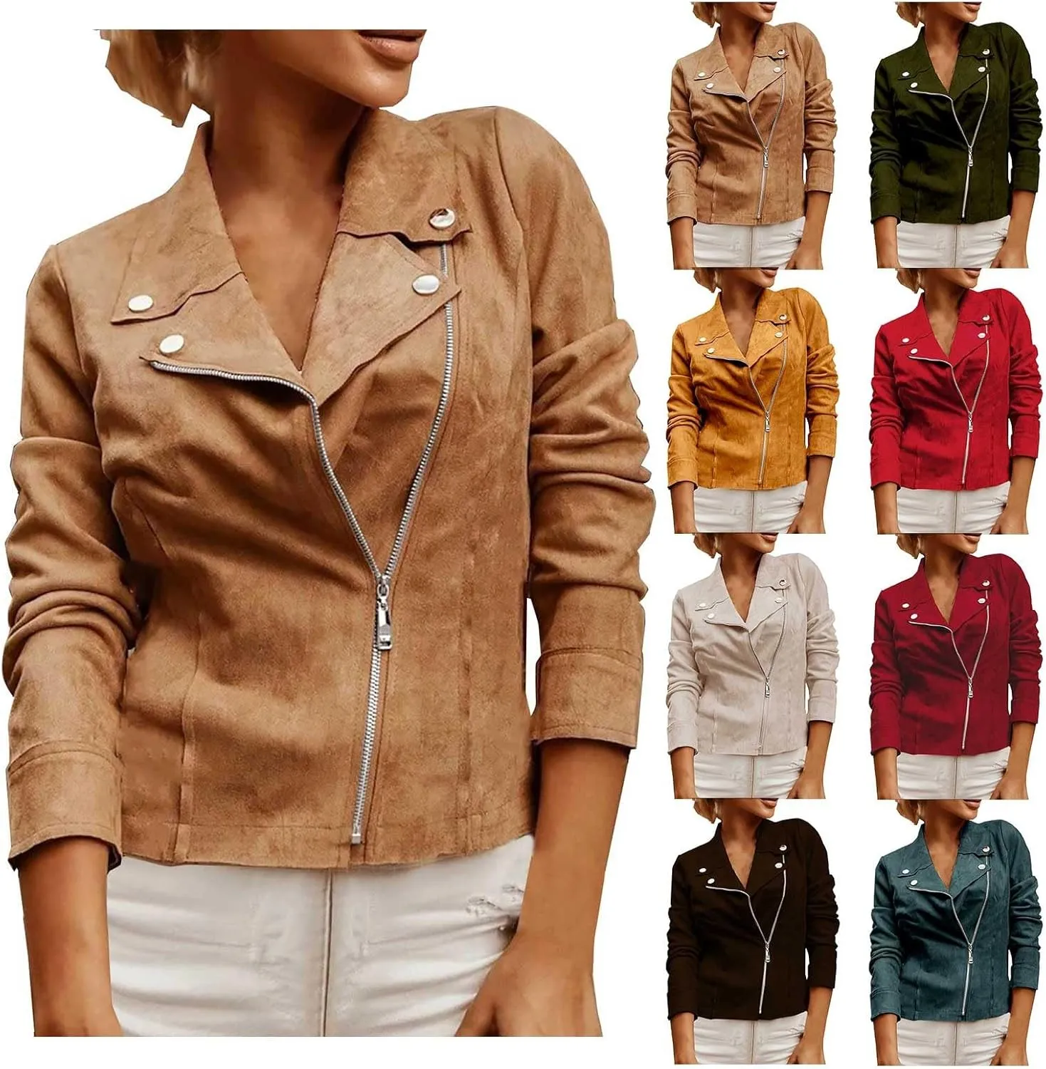Miyaomn Faux Suede Leather Jacket for Women Motorcycle Cropped Coat Oblique Zip Up Biker Blazer Fashion Dressy Short Jackets