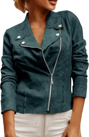 Miyaomn Faux Suede Leather Jacket for Women Motorcycle Cropped Coat Oblique Zip Up Biker Blazer Fashion Dressy Short Jackets