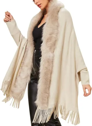Miyaomn Workout Tops for Women Luxury Faux Fur Shawl Wrap Cloak for Women Stylish Cozy Coat Sweater Cape Long Sleeve Open Front Fringed Hem Cardigan(Beige,Medium)