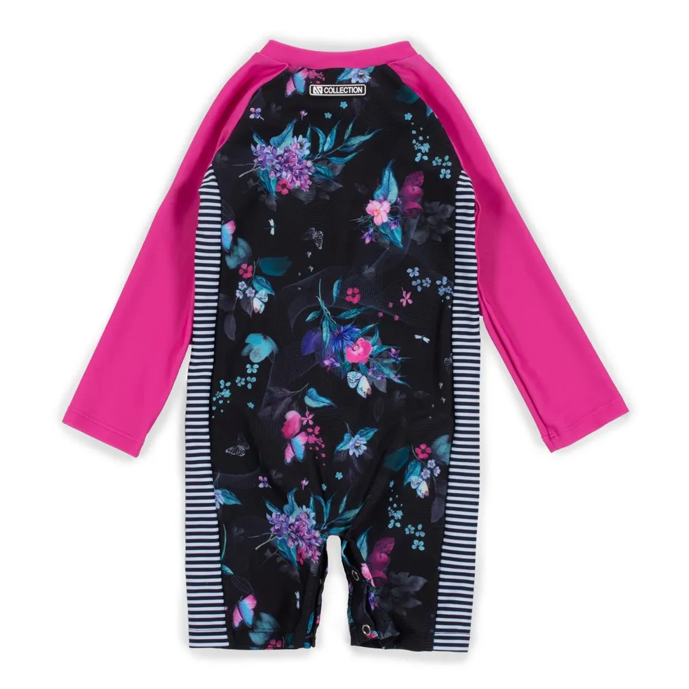 Nano One-Piece Rashguard Girls Long-Sleeve Swimsuit - Black/Fuchsia (9-12 Months)