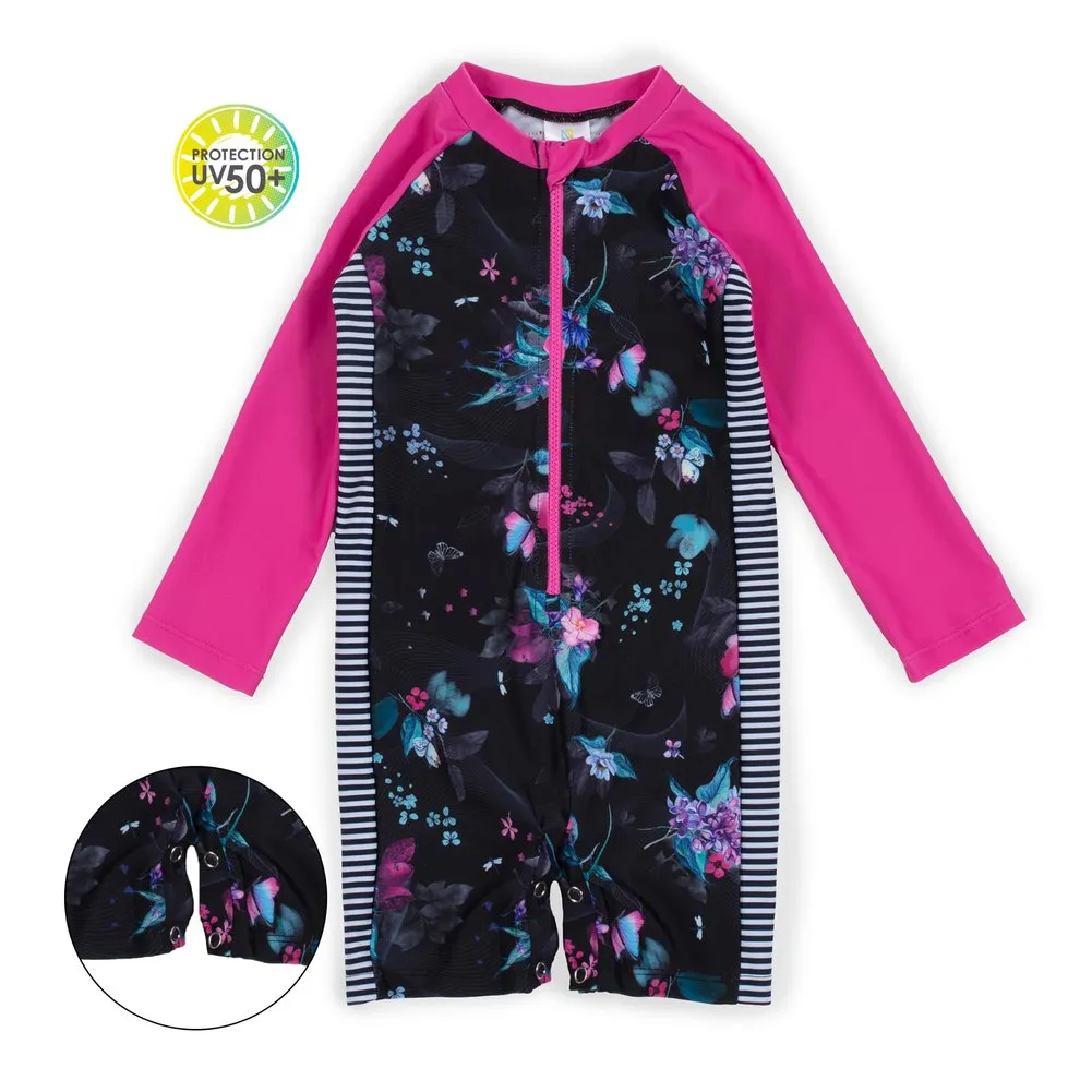 Nano One-Piece Rashguard Girls Long-Sleeve Swimsuit - Black/Fuchsia (9-12 Months)