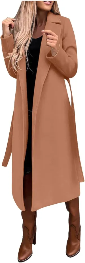 NaRHbrg Elegant Wool Coats for Womens Faux Wool Trench Coats Long Jacket Ladies Coat Women Ring Master Jacket with Belt