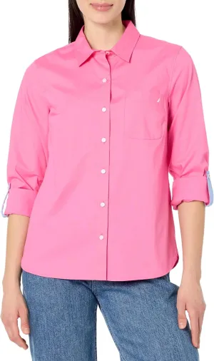 Nautica Women's Button Front Long Sleeve Roll Tab Shirt
