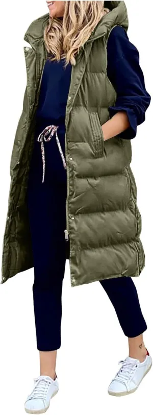 New Ladies Fashion Casual Padded Jacket Solid Color Hooded Slim Vest Temperament Sleeveless Cardigan Long Coat