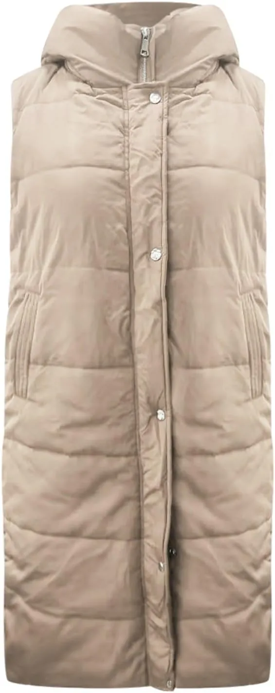 New Ladies Fashion Casual Padded Jacket Solid Color Hooded Slim Vest Temperament Sleeveless Cardigan Long Coat