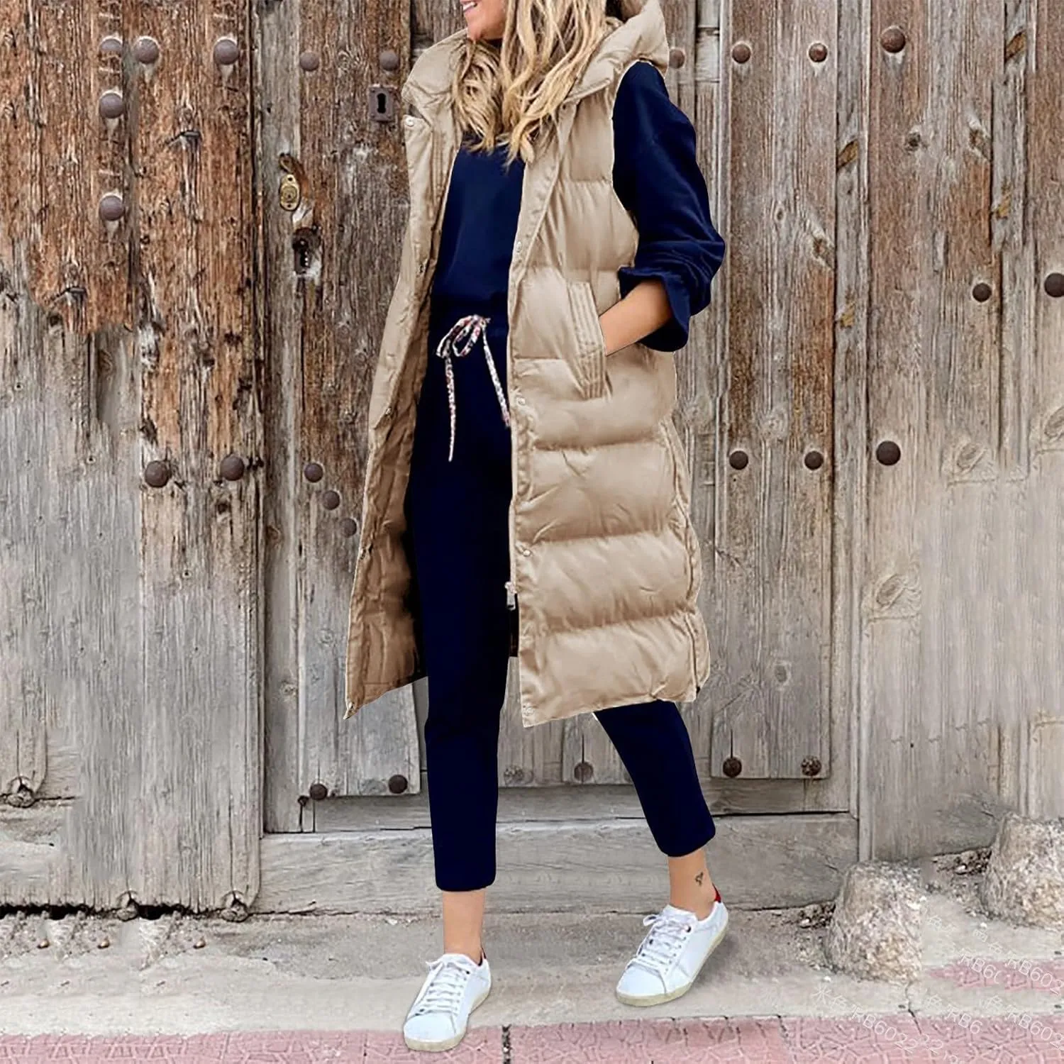 New Ladies Fashion Casual Padded Jacket Solid Color Hooded Slim Vest Temperament Sleeveless Cardigan Long Coat