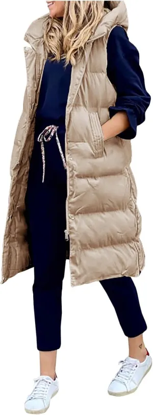 New Ladies Fashion Casual Padded Jacket Solid Color Hooded Slim Vest Temperament Sleeveless Cardigan Long Coat