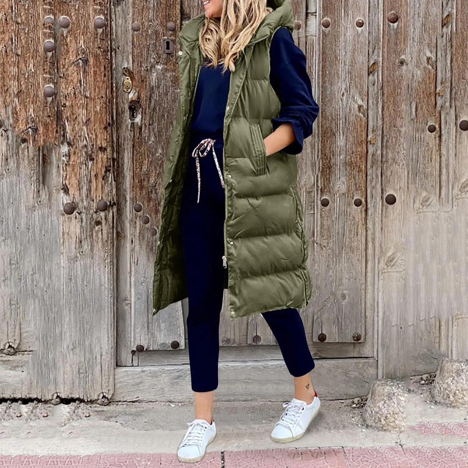 New Ladies Fashion Casual Padded Jacket Solid Color Hooded Slim Vest Temperament Sleeveless Cardigan Long Coat