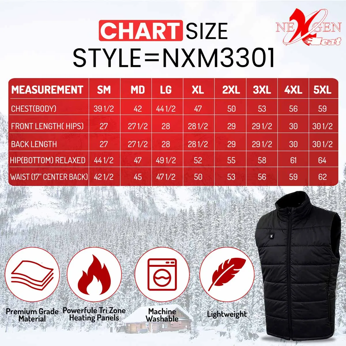 Nexgen Heat Men's NXM3301SET Puffer Black Heated Winter Vest for