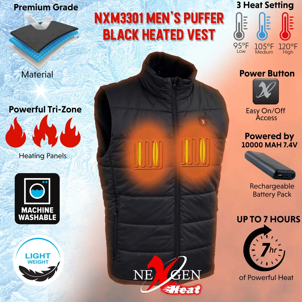 Nexgen Heat Men's NXM3301SET Puffer Black Heated Winter Vest for
