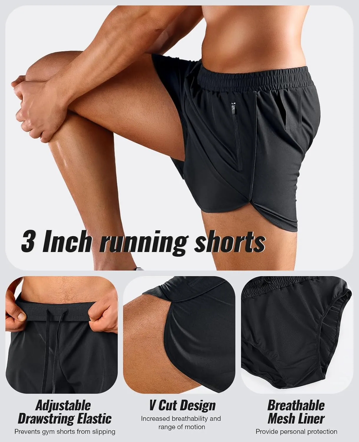 Niksa Mens Running Shorts 3" Workout Athletic Shorts with Zipper Pockets Lightweight Quick Dry Gym Shorts
