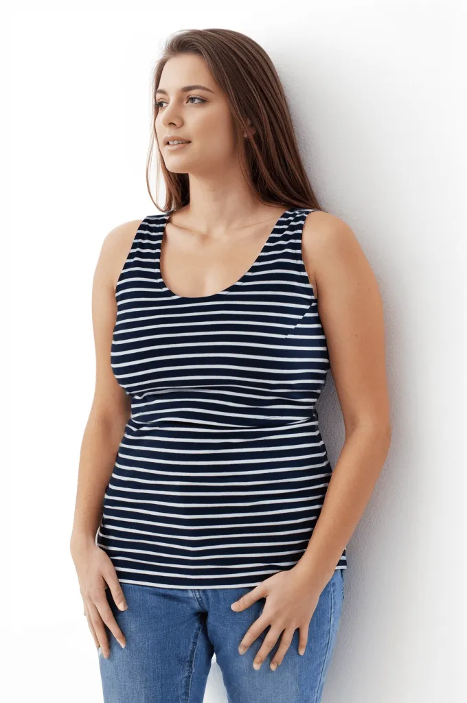 Nursing Twin Pack Cotton Vest | Plum & Navy/White Stripes