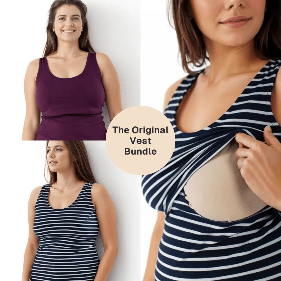 Nursing Twin Pack Cotton Vest | Plum & Navy/White Stripes