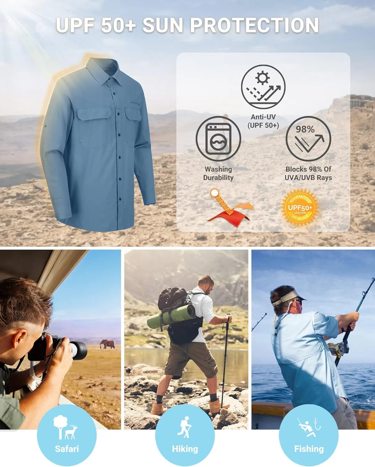 Outdoor Ventures Men's UPF 50  UV Sun Protection Shirt, Long Sleeve Hiking Fishing Shirt Cooling Quick Dry for Safari Travel