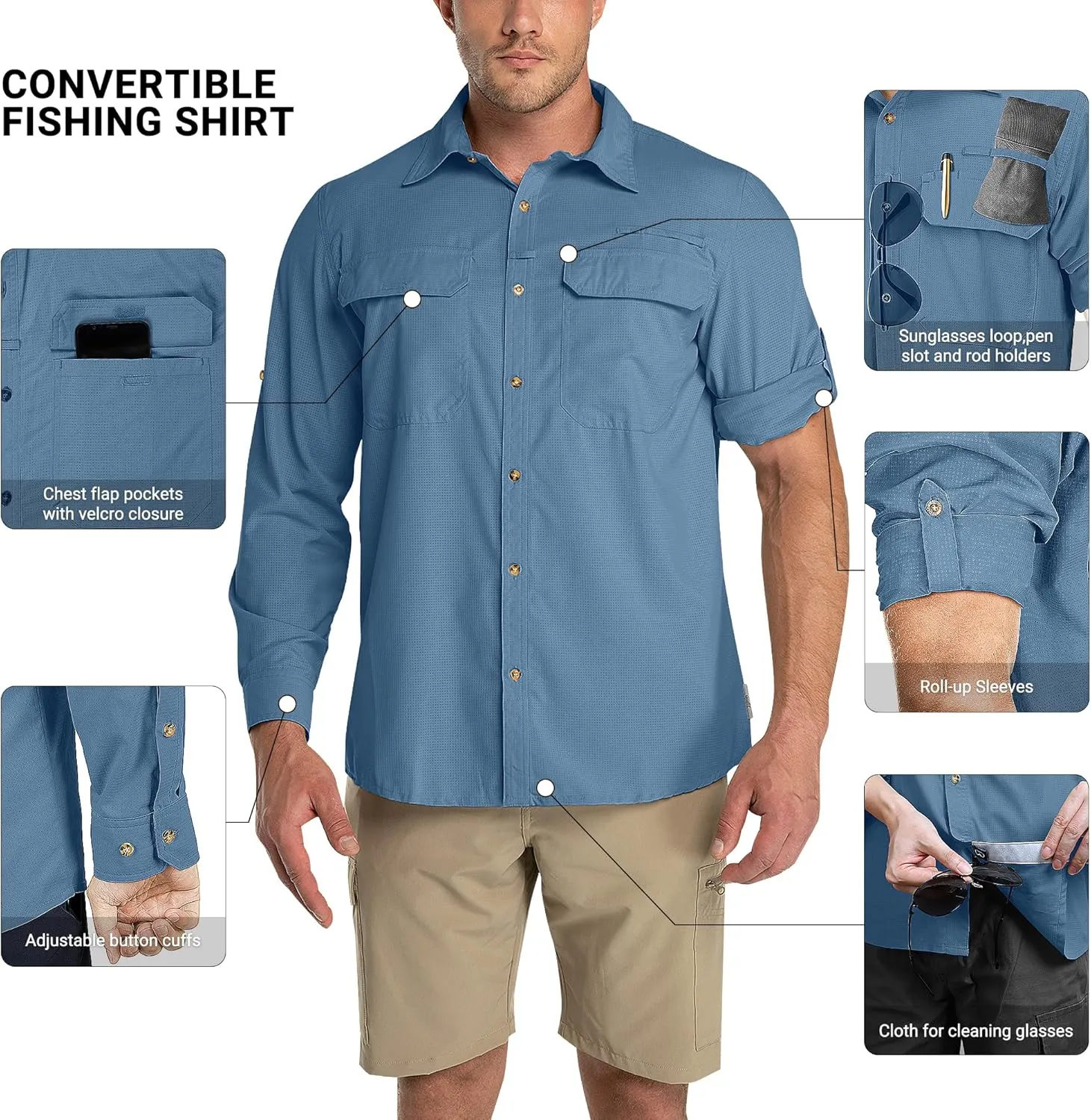 Outdoor Ventures Men's UPF 50  UV Sun Protection Shirt, Long Sleeve Hiking Fishing Shirt Cooling Quick Dry for Safari Travel