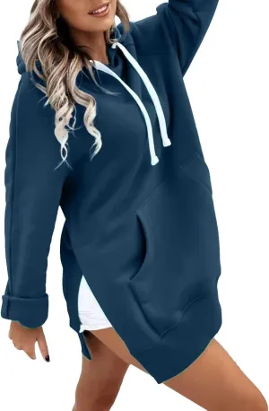 Oversized Hoodie Dress for Women Casual Drawstring Long Warmy Sweatshirt with Pockets Fashion Split Hem Long Sleeve