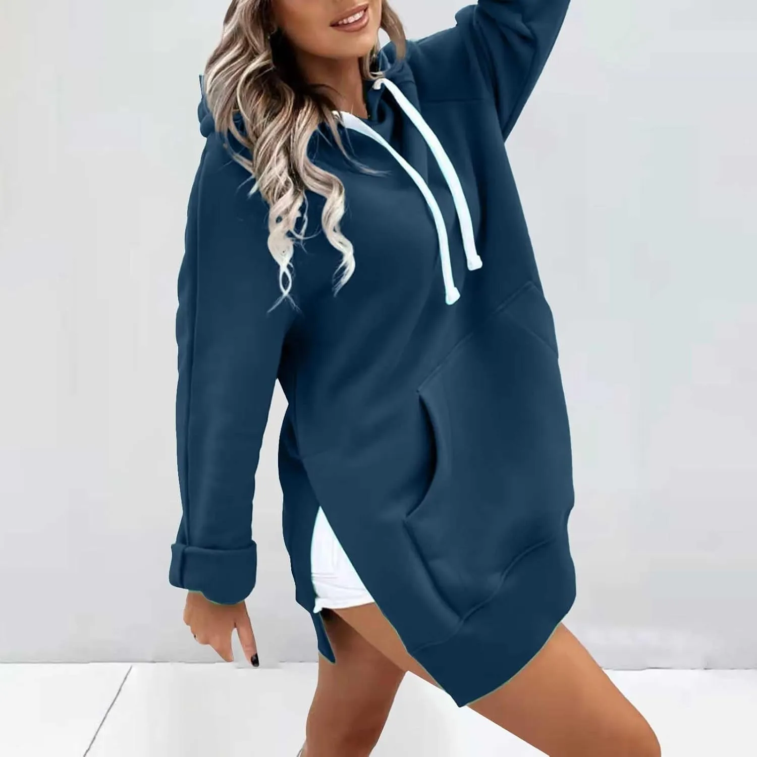 Oversized Hoodie Dress for Women Casual Drawstring Long Warmy Sweatshirt with Pockets Fashion Split Hem Long Sleeve