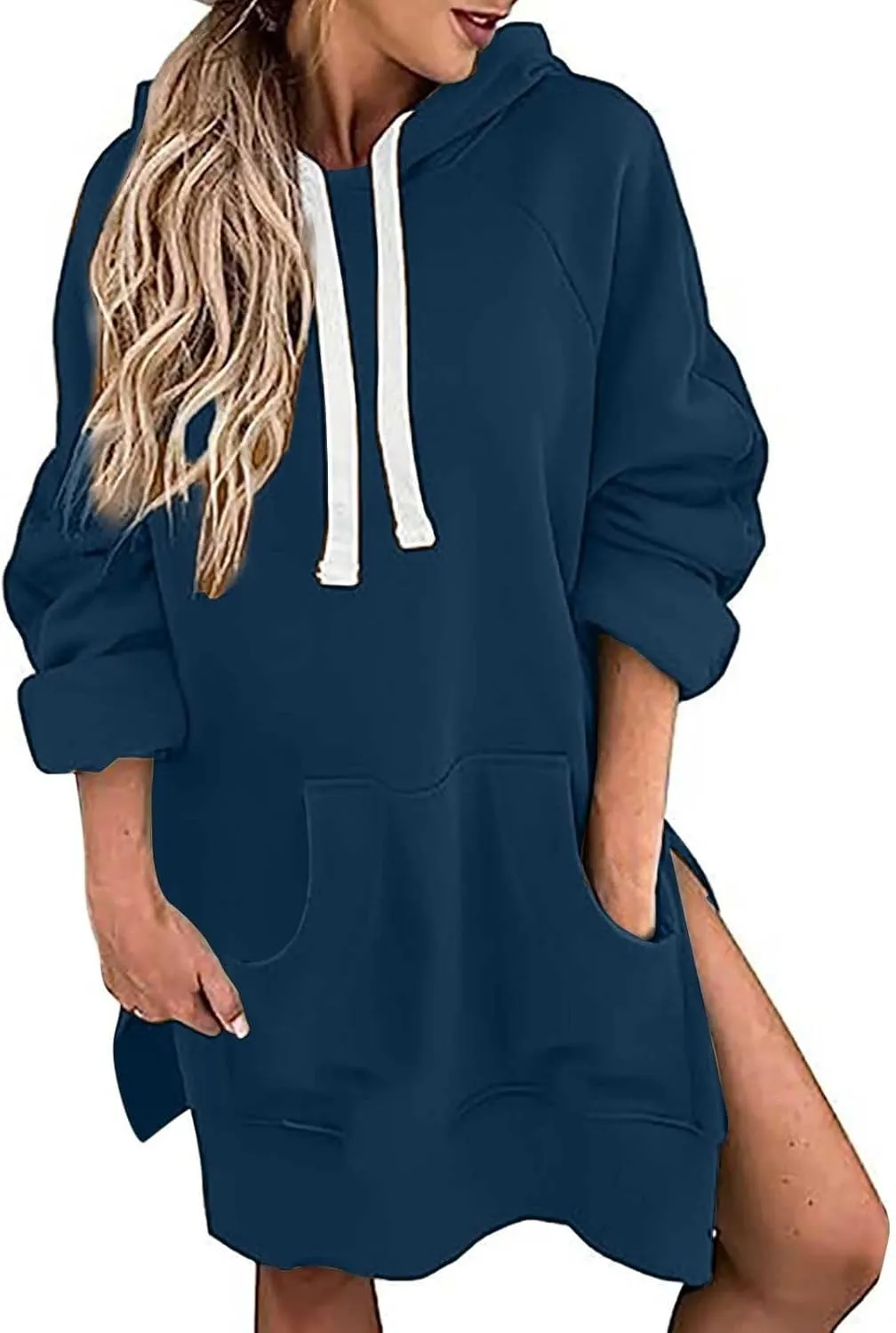Oversized Hoodie Dress for Women Casual Drawstring Long Warmy Sweatshirt with Pockets Fashion Split Hem Long Sleeve