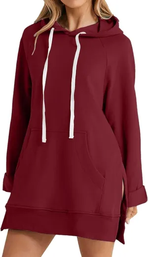 Oversized Hoodie Dress for Womens Hoodies Plus Size Casual Crewneck Long Sleeve Split Hem Pullover with Pockets
