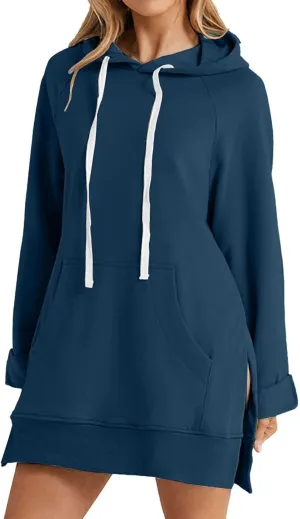 Oversized Hoodie Dress for Womens Hoodies Plus Size Casual Crewneck Long Sleeve Split Hem Pullover with Pockets