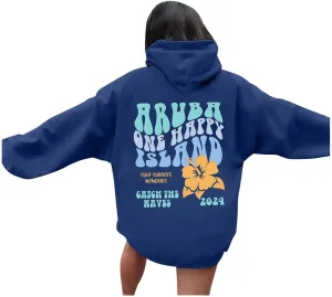 Oversized Sweatshirt Women Hoodies Aruba One Happy Island Print Long Sleeve Drop Shoulder Casual Comfy Tunic Pullover Top 2024 Fashion Clothes Black Hoodies Woman Blue Small