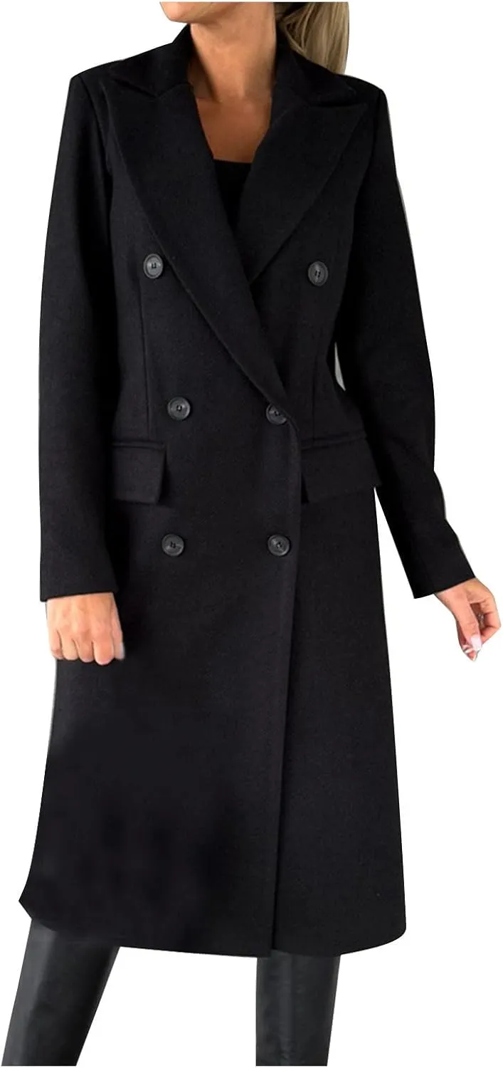 Pea Coats for Women Double Breasted Warm Winter Trench Coat Notched Collar Open Front Overcoat Outwear