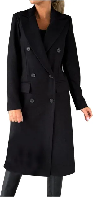 Pea Coats for Women Double Breasted Warm Winter Trench Coat Notched Collar Open Front Overcoat Outwear