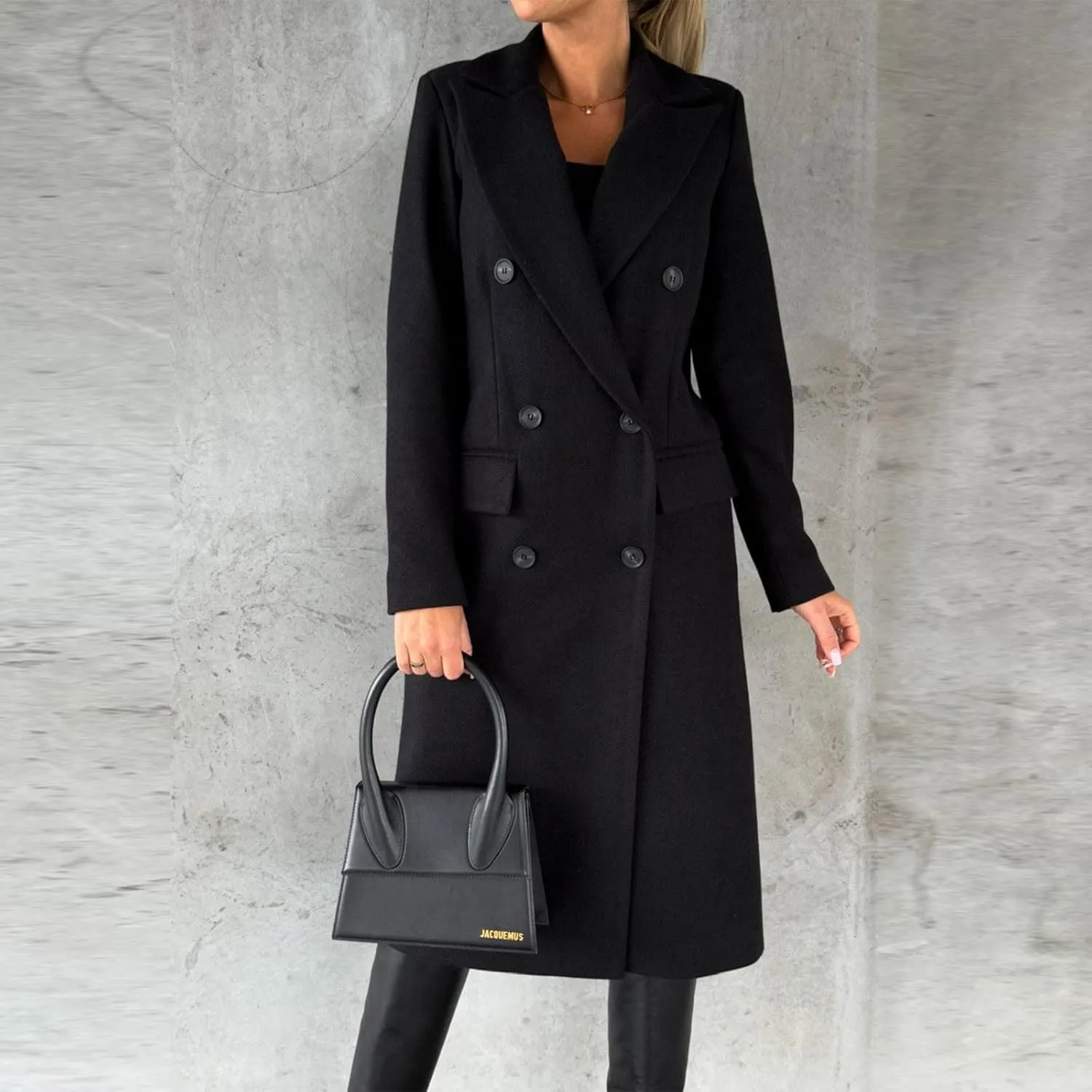Pea Coats for Women Double Breasted Warm Winter Trench Coat Notched Collar Open Front Overcoat Outwear