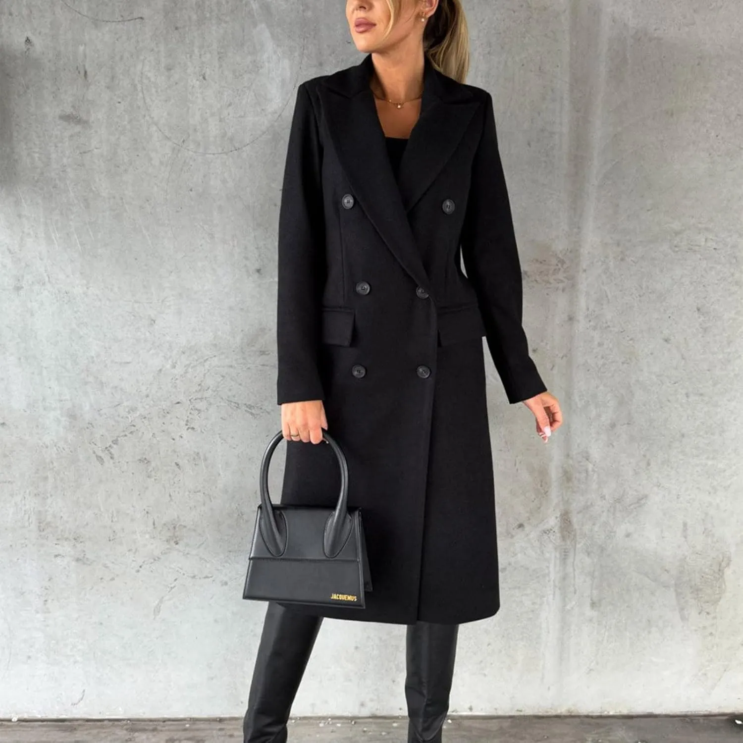 Pea Coats for Women Double Breasted Warm Winter Trench Coat Notched Collar Open Front Overcoat Outwear