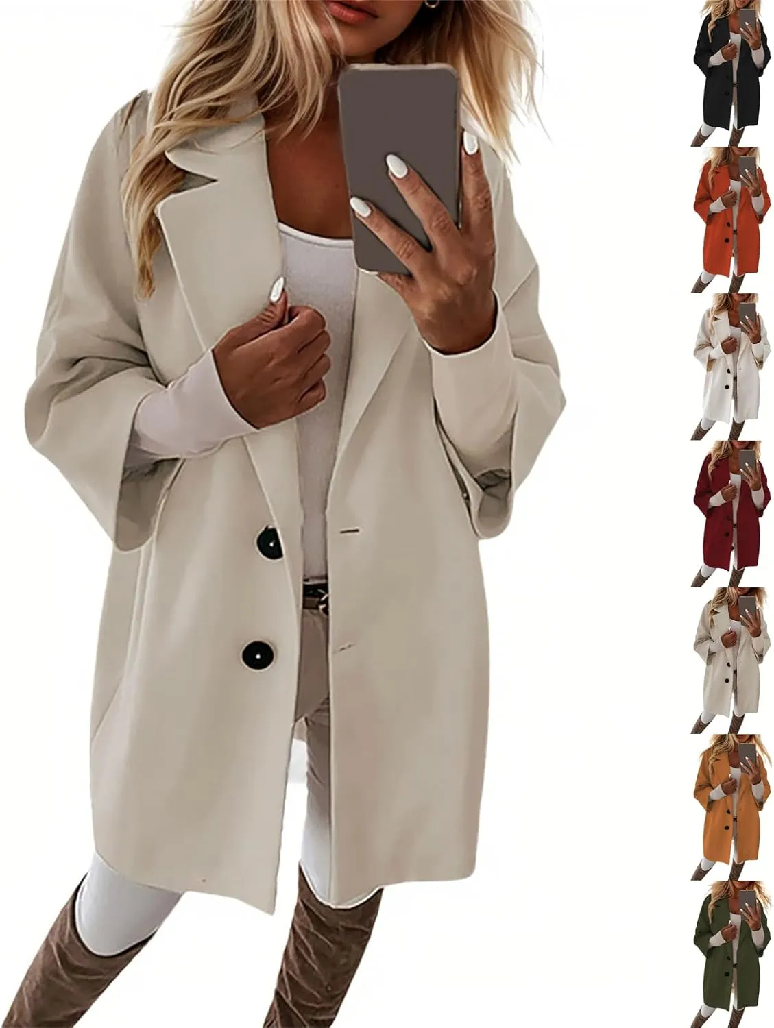 Pea Coats for Women Trendy Lapel Button 3/4 Sleeve Coats Winter Double Breasted Wool Coats with Pockets