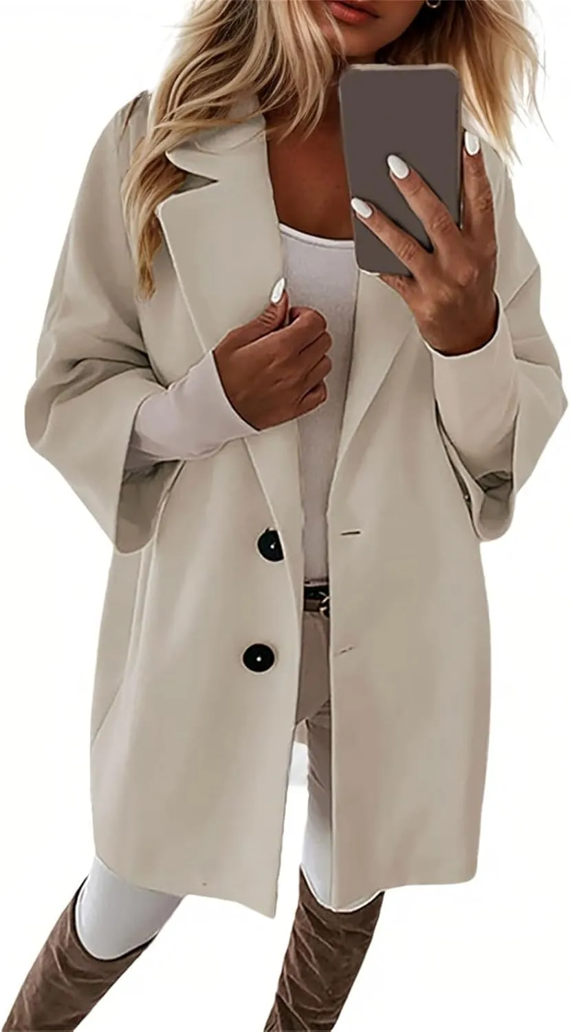 Pea Coats for Women Trendy Lapel Button 3/4 Sleeve Coats Winter Double Breasted Wool Coats with Pockets