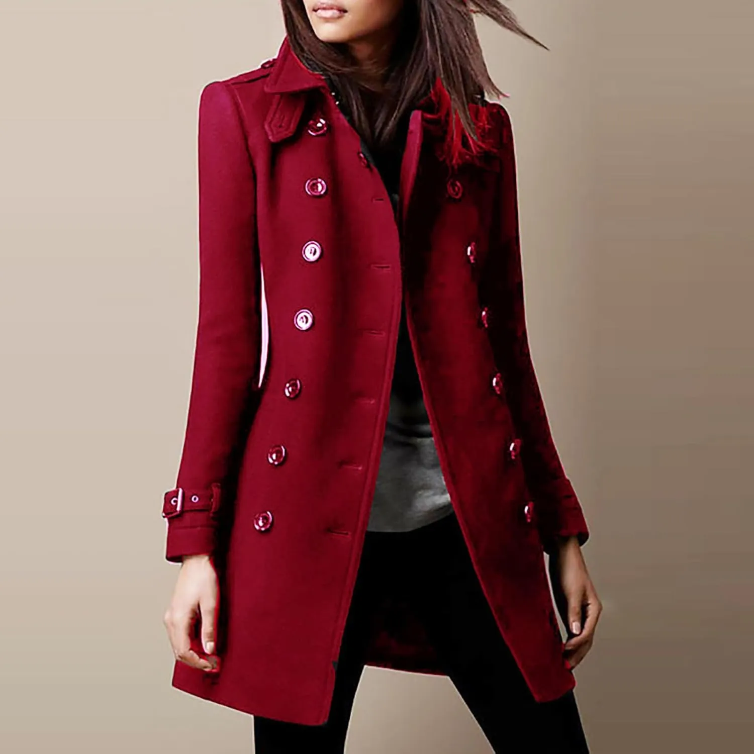 Peacoat Womens Coat, Mid Long Classic Overcoat Double Breasted Slim Outdoor Jackets Winter Trench Outerwear