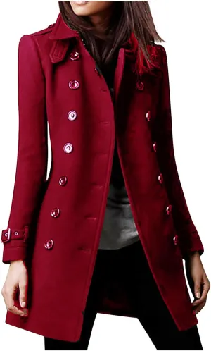 Peacoat Womens Coat, Mid Long Classic Overcoat Double Breasted Slim Outdoor Jackets Winter Trench Outerwear