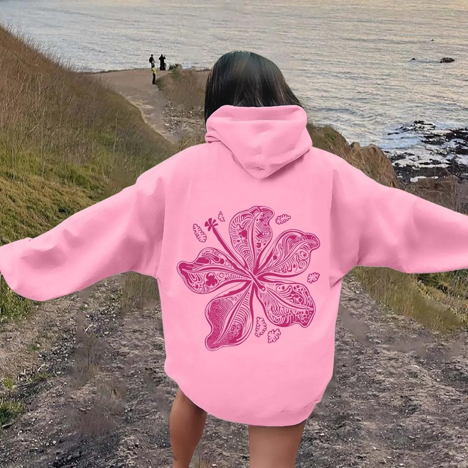 Pink Graphic Hoodie for Women Cute Preppy Sweatshirt Long Sleeve Pink Puff Graphic Pullover for Teen Girls