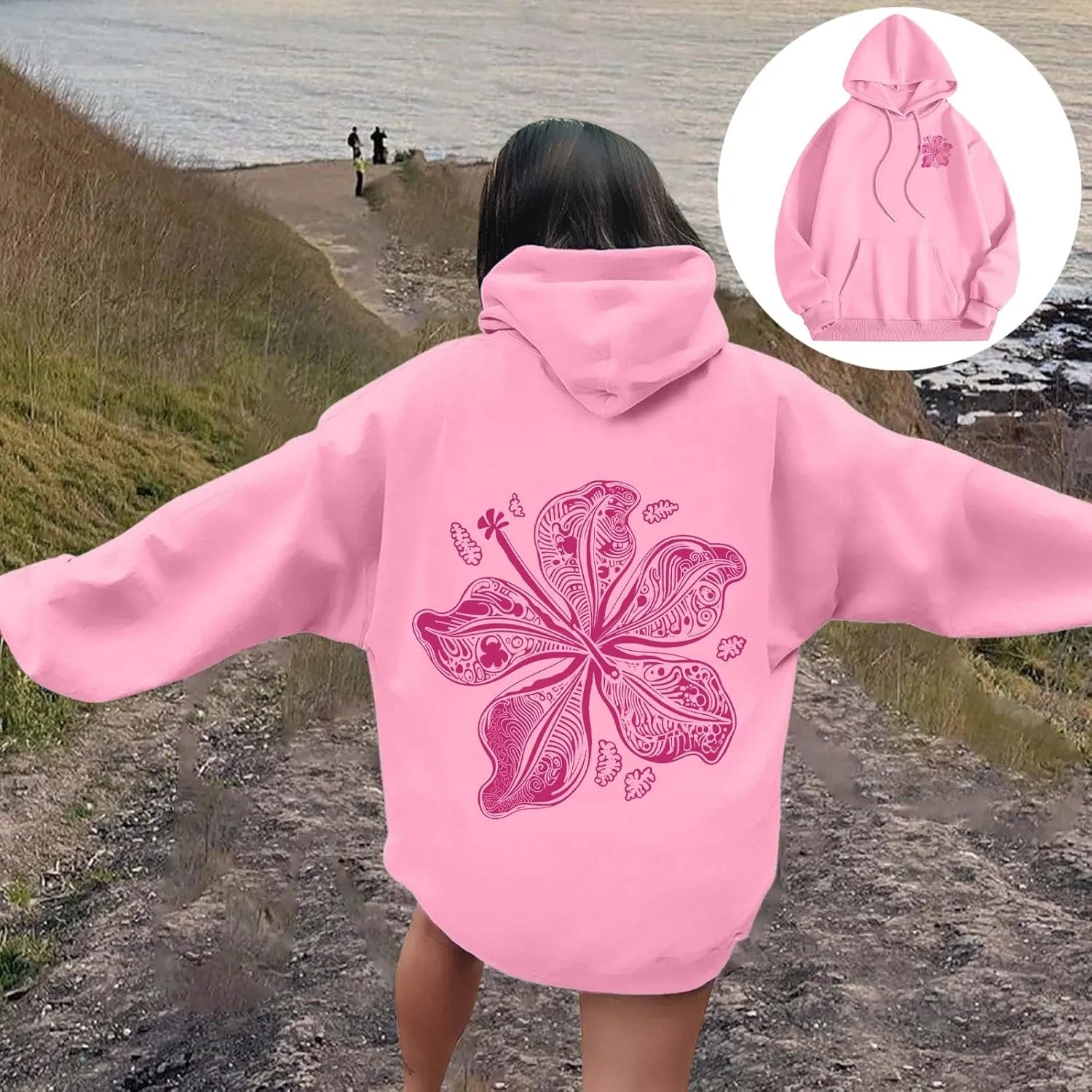 Pink Graphic Hoodie for Women Cute Preppy Sweatshirt Long Sleeve Pink Puff Graphic Pullover for Teen Girls